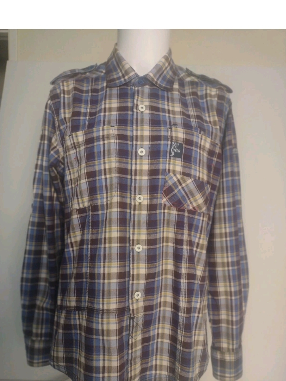 Duck & Cover Men's Large Plaid Button-Down Shirt in Blue and Brown Long Sleeve
